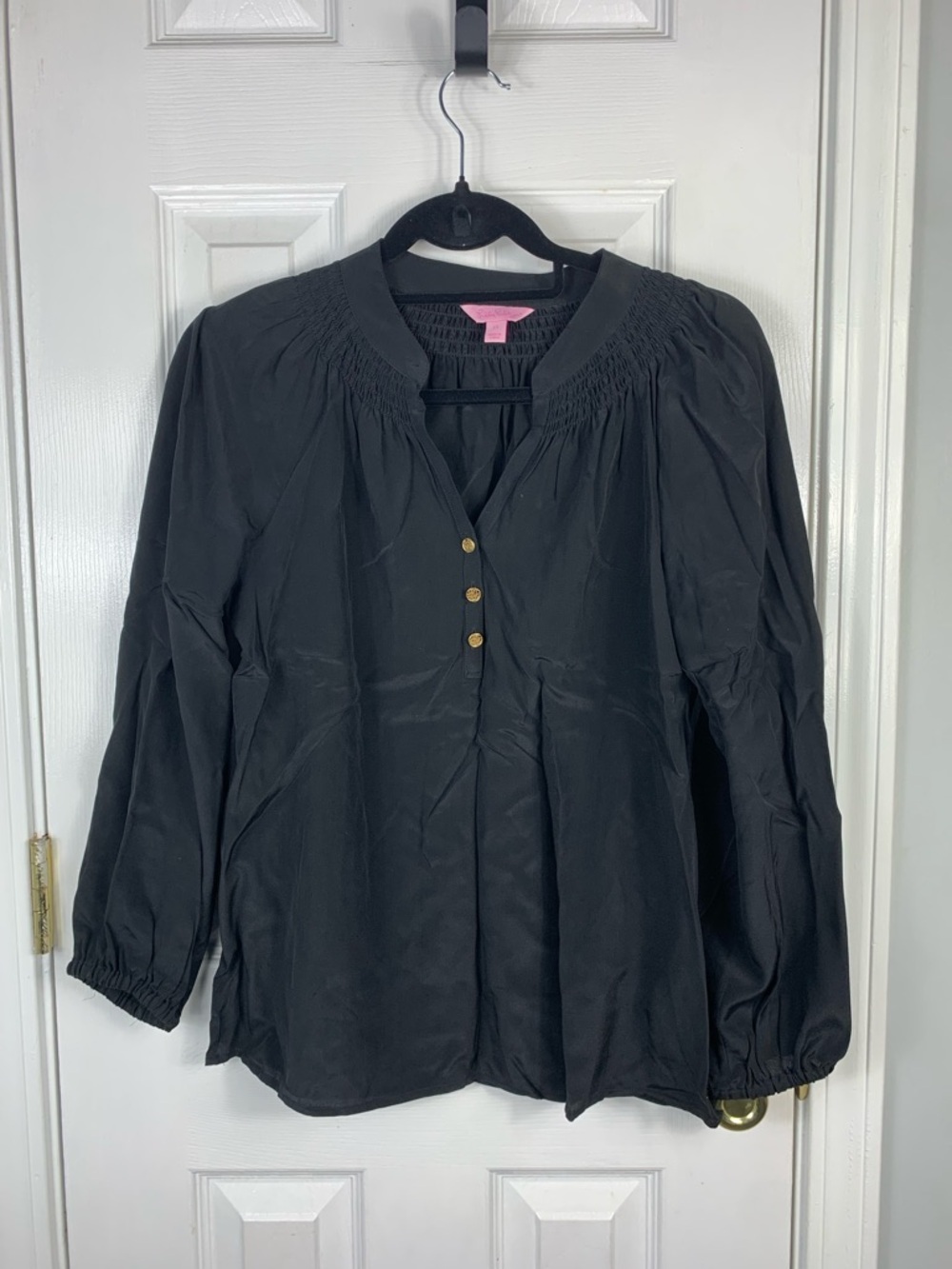 Lilly Pulitzer Silk Black Button Front Peasant Blouse Size XS